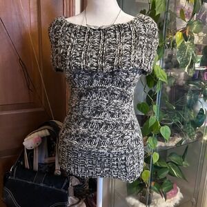 Y2K At Last New York Marled Grey Cable Knit Off Shoulder Sweater Dress Small